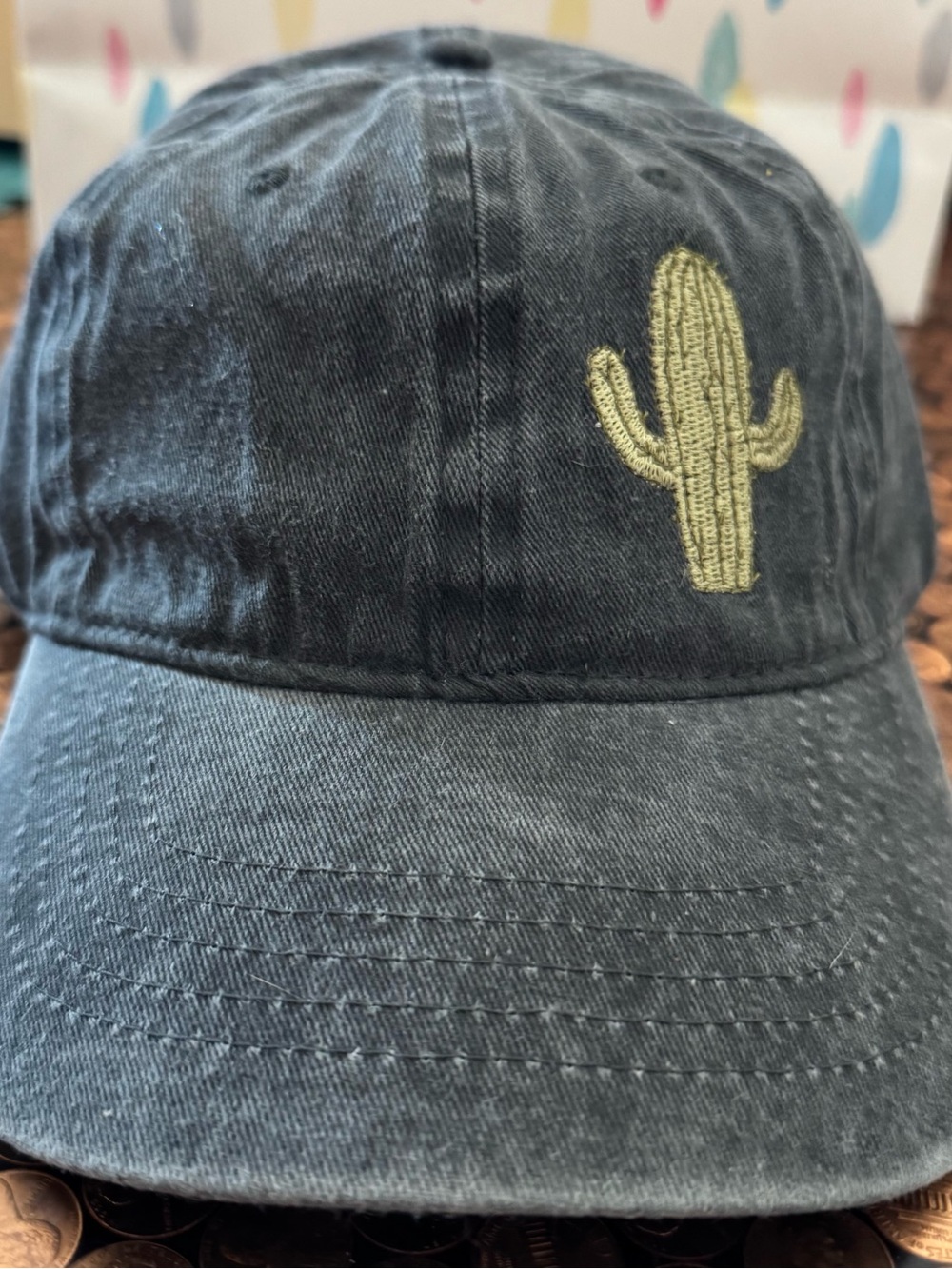 Women’s Washed Black Cap with Green Cactus Embroidery